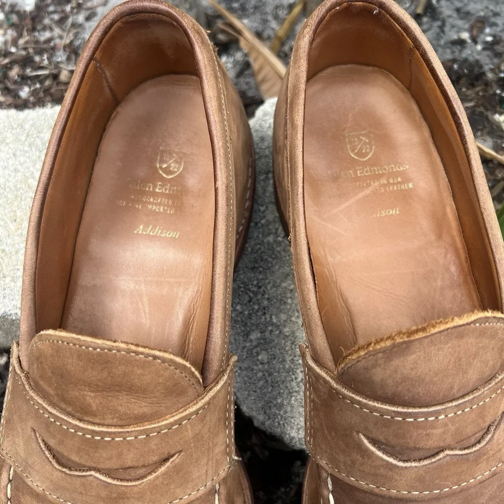 Allen Edmonds Addison Penny Loafer Mens 11.5 B Brown Nubuck Leather Dainite Sole